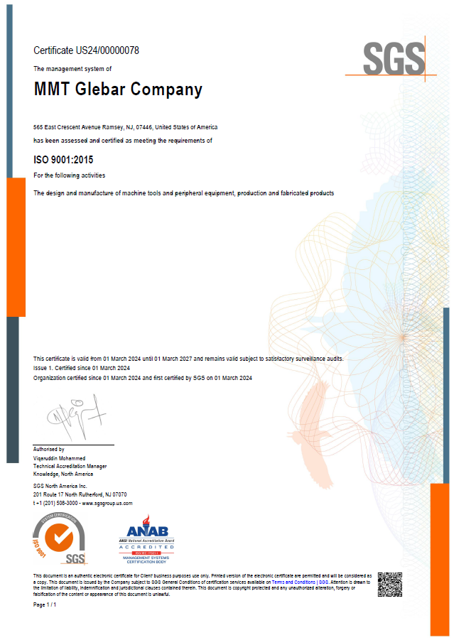 Glebar Ramsey ISO 9001-2015 Certificate US